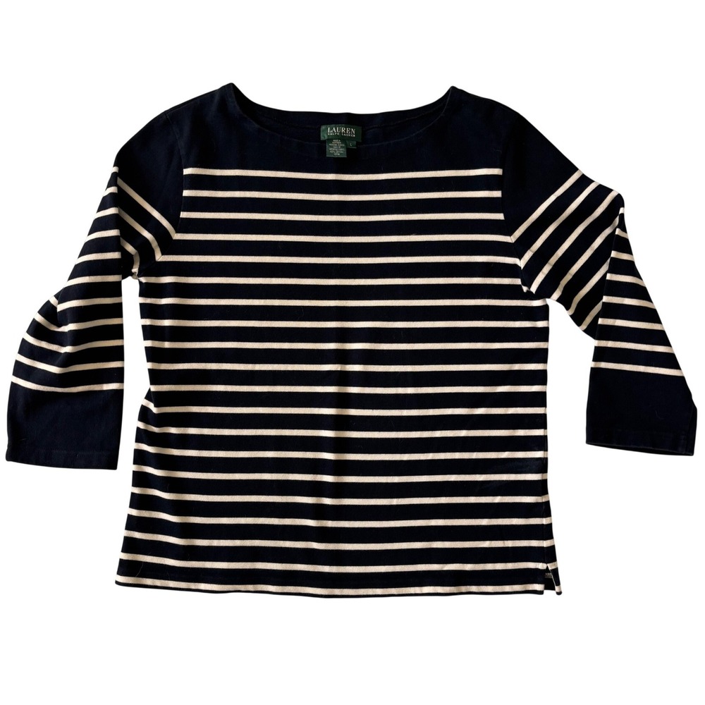 Lauren Ralph Lauren Womens Large Sweater Navy White Striped Boat Neck 3/4 Sleeve